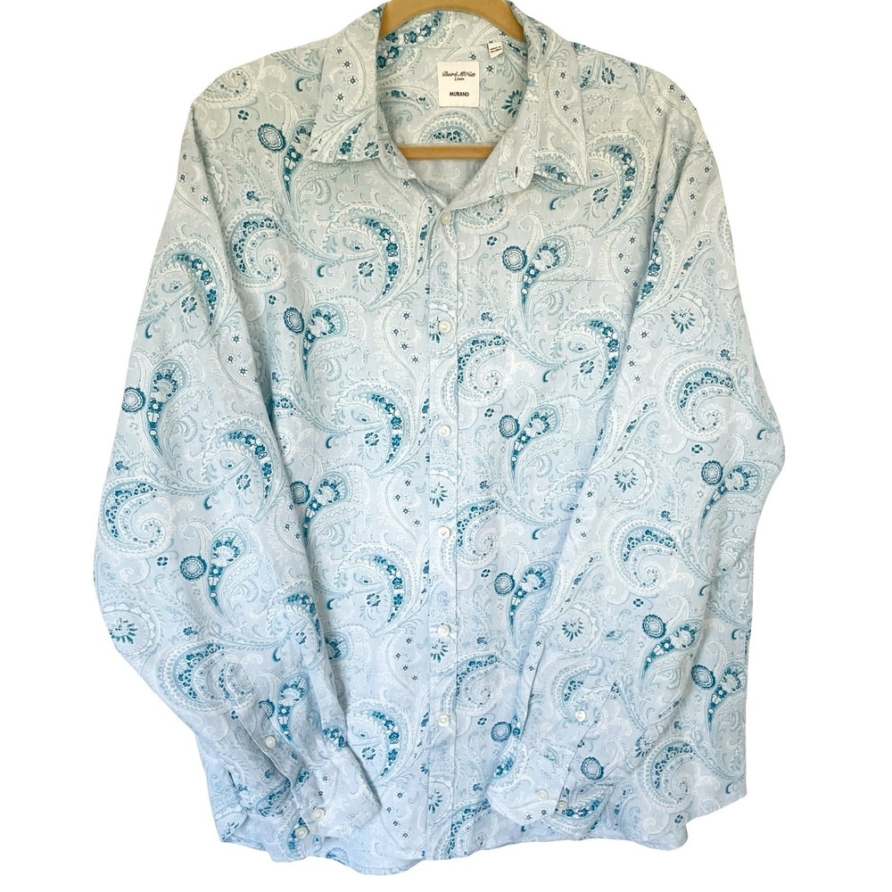 Murano Baird McNutt Linen Shirt Mens XL Blue Paisley Button Down Long Sleeve